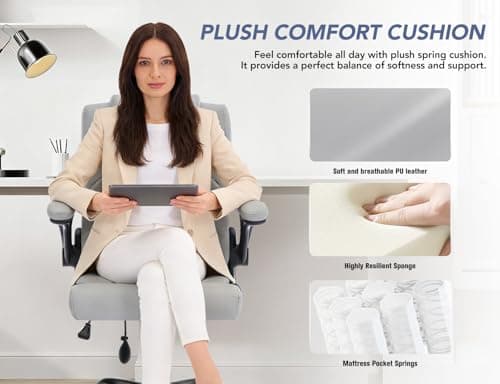 Office Chair with Adjustable Inflatable Lumbar Support,Leather Ergonomic Computer Desk Chair with Flip-up Arms,Adjustable Tilt Lock,Swivel Rolling Executive PC Chair for Work,Study,Meeting.Grey