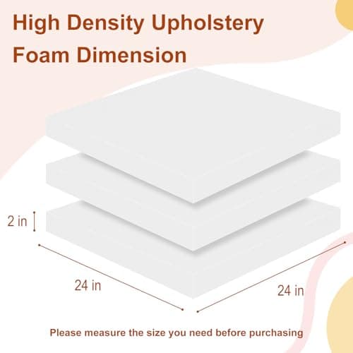 High Density Upholstery Foam 2" X 24" X 24", 3PCS Couch Cushion Replacement - 45D Density 70 ILD (Firm), Square Foam Padding for Chairs, Cut to Size Foam Replacement Cushion for Sofa Chair Bench