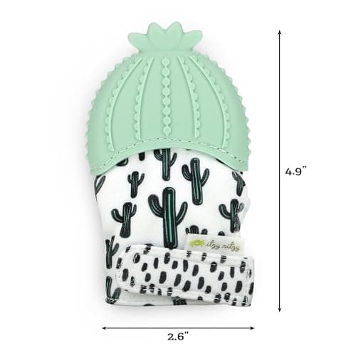 Itzy Ritzy Silicone Teething Mitt - Soothing Infant Teething Mitten with Adjustable Strap, Crinkle Sound & Textured Silicone to Soothe Sore & Swollen Gums - For Ages 3 Months & Up (Cactus)