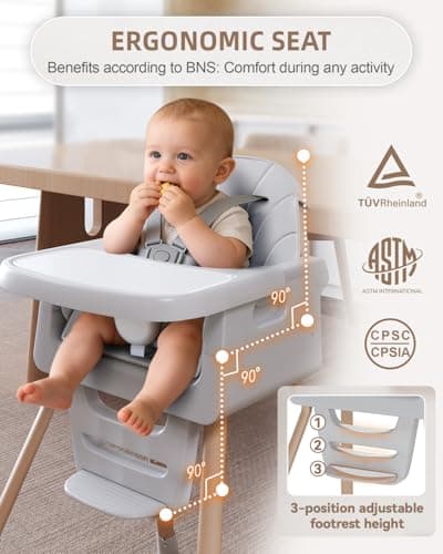 Baby High Chair for 6 Months+, Foldable High Chairs for Babies and Toddlers, Convertible High Chair, Adjustable Tray & Footrest, Portable High Chair & Easy to Clean(Grey with Wood Grain)