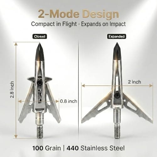 Mechanical Expandable Broadheads Hunting Arrow Tips, 100 Grain 2 Inch Cut, 440 Stainless Steel Blades & Chisel Tip, 8-32 Thread for Crossbow & Compound Bow Bolts, Up to 500 FPS Tested, 4 Pack