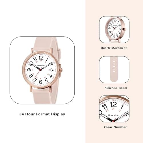Hourstar Women's Analog Nurse Watch with Second Hand for Nursing, 12/24 Time, Silicone Band, Easy Read