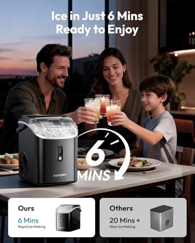 EUHOMY Nugget Ice Maker Countertop with Handle, Ready in 6 Mins, 38lbs/Day, Removable Top Cover, Self-Cleaning, Portable Chewable Ice Maker with Basket, Scoop, for Home/RV/Party/Camping (Black)