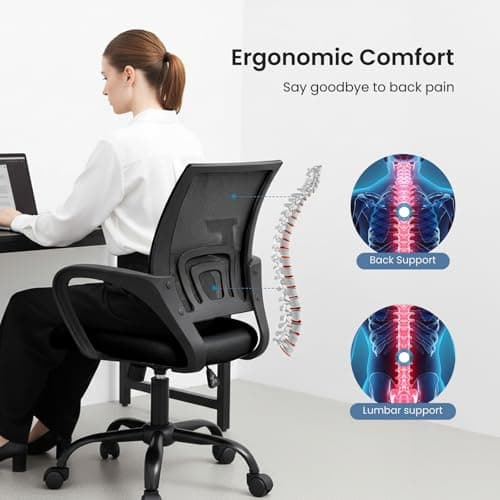 DUMOS Home Office Chair - Ergonomic Mid Back Mesh Desk Chair with Lumbar Support & Rocking Mode, Height Adjustable with Fixed Armrest, for Computer, Gaming, Meeting, 360° Swivel, Black