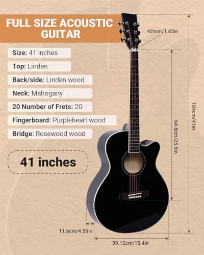 41" Acoustic Guitar for Beginners Adult Full Size Cutaway Guitarra Acustica Bundle with Gig Bag, Tuner, Strap, Strings, Picks,Capo, Black