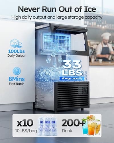 Mojgar Commercial Ice Maker Machine, 100lbs/24H with 33lbs Ice Storage Under Counter Ice Machine, Stainless Steel Built-in Freestanding Ice Maker Self-Cleaning for Home Bar