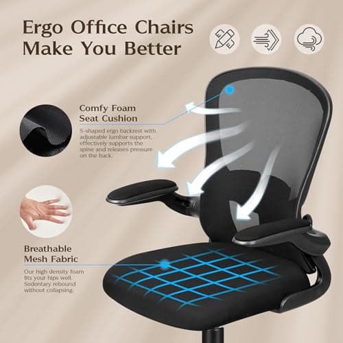 FelixKing Office Desk Chairs, Ergonomic PC Desk Chair with Wheels, Adjustable Lumbar Support and Height, Swivel Computer Chair with Flip-up Armrests, Ergo Mesh Backrest for Working (Black)