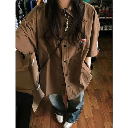 UICIOP Korean Version Women's Shirt Retro Lapel Button up Shirt Women's Summer Loose Casual Short Sleeved top