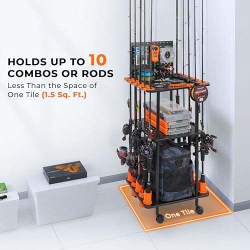 KastKing V10 Gear Trolley, Indoor Fishing Rod Holder for 10 Combos, 3-Tier Fishing Accessory Shelves With Peg Wall, Patented Built-in Line Spooler, Mobile Tackle Storage Cart With Locking Wheels