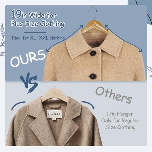 King Mills 19 Inch Plus Size Hangers, Extra Wide Hangers for Plus Size Clothes, Ganchos para Colgar Ropa, Ideal for XL, XXL Shirts, Coats, Dresses, Etc. Wood. Natural 20pk