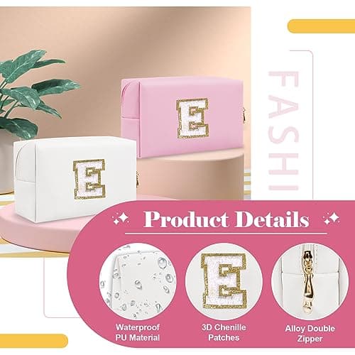 Small Personalized Initial A-Z Preppy Patch Makeup Bag,White PU Chenille Letter Travel Cosmetic Pouch with Zipper,Cute Toiletry Bag,Gift Ideal for Teen Girls Women Teacher Bridesmaid,Letter E