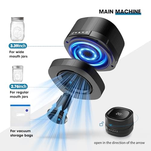 ZIWEO Mason Jar Vacuum Sealer Kit for Wide Mouth and Regular Mouth Mason Jars, Electric Vacuum Sealer with Suction Nozzle, 10 Lids and 1 Vacuum Bag, Compact and Auto Stop Design