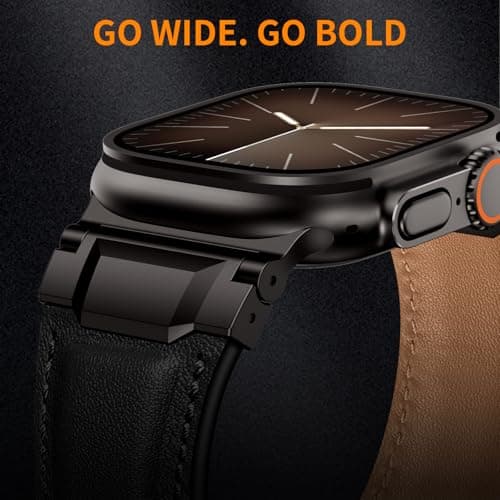 LOIRNBR Leather Bands Compatible with Apple Watch Ultra 3/2/1 Band 49mm 46mm 45mm 44mm 42mm Men, Genuine Leather Metal Connector Strap for iWatch Ultra Series 11/10/9/8/7/SE/6/5/4/3/2/1, Black/Black