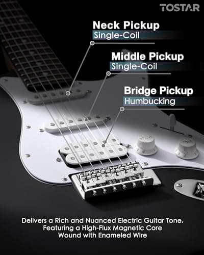 Tostar Beginner Electric Guitar, Solid Body, 39" Full Size Strat Style with HSS Pickups, 5-Way Switch, Tremolo Bridge, Maple Neck & Tectona Fretboard, Ideal for Beginners and Gifting, Black