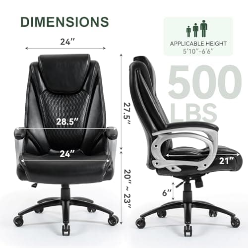 Vogue Furniture Direct Big and Tall Office Chair 500lbs, Heavy Duty High Back PU Leather Desk Chair, Adjustable Height Rolling Wheels Computer Chair for Home Office Work (Black)