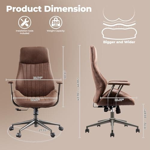 ovios Ergonomic Office Chair, High Back Faux Leather Executive Chairs with Armrests, Comfy Mid-Century Modern Swivel Rolling Computer Armchair (Dark Brown, Suede Leather)
