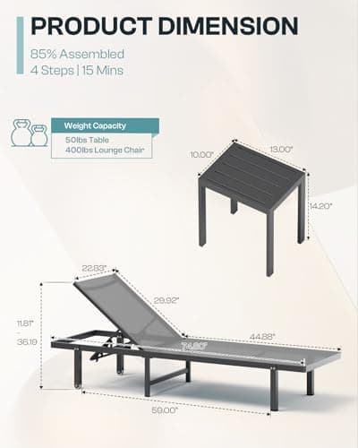 Lounge Chair Outdoor with Wheels, Aluminum Chaise Lounge Outdoor Chair with 5 Adjustable Backrest - Easy to Move- Pool Lounge Chairs for Patio, Poolside, Darkgray