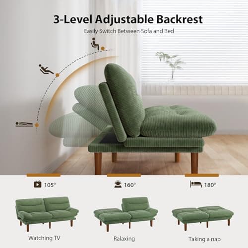Pipishell 75" Futon Sofa Bed, Convertible Corduroy Space-Saver Couch with Adjustable Back & Armrests, Recliner Sleeper for Small Apartments, Office, Guest Room (Green) | Space-saver