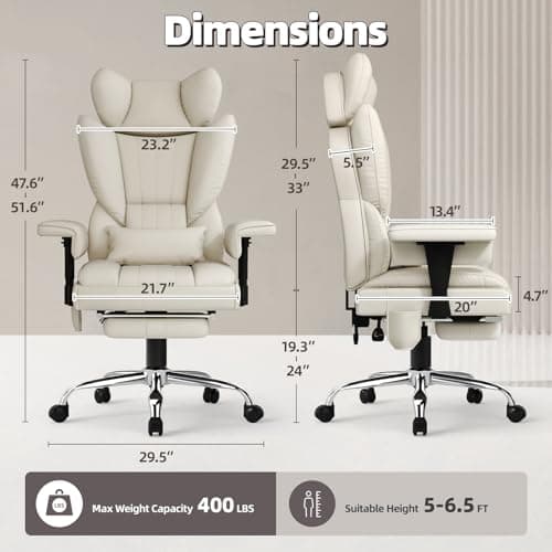 Massage Office Chair with Heat - 6 Points Vibration 400LBS Leather Reclining Office Chair with Lumbar Pillow, Adjust Headrest and Armrest, Executive Desk Chair for Home Office, Beige