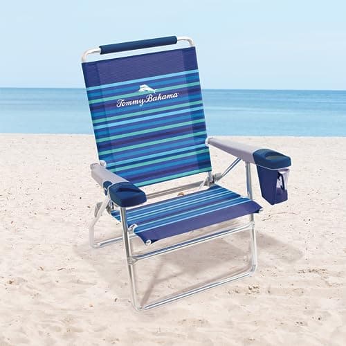 Tommy Bahama Set of 2 Highboy 4 Position Beach Chairs 15 Inch Seat Height with Cupholder, Side Storage Pouch and Mobile Phone Holder