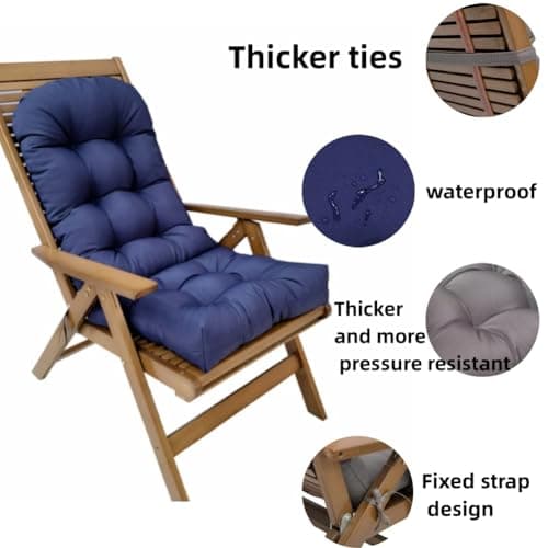 Adirondack Chair Cushion, Waterproof Indoor/Outdoor Rocking Chair Cushion ，44inch/48inch High Back Patio Cushions with Ties，Waterproof，Sunscreen and Fade-Resistant (Navy Blue, 44x20in)