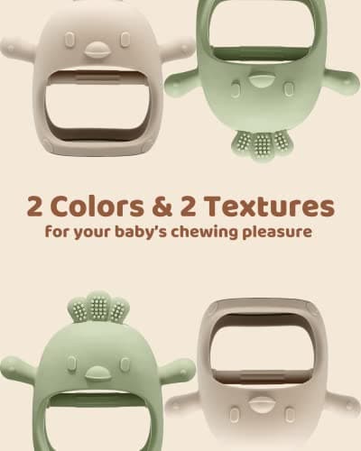 2 Pack Baby Teething Toy Silicone Teething Mitten for Babies Over 3 Months Anti Dropping Wrist Hand Teethers Baby Chew Toys for Sucking Needs, BPA Free (Green & Caramel)