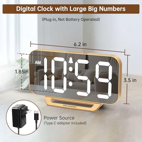 Peakeep Slim Digital Mirror Aesthetic Alarm Clock for Bedrooms Desk Decor - Plug in Electric Big LED Modern Small Clock for Office Living Room, Battery Backup, 6 Dimmers (Gold)