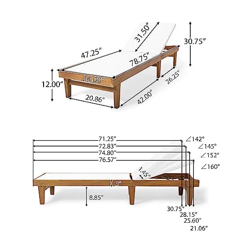 Christopher Knight Home Dina Set of 2 Chaise Lounge Chair Outdoor, Acacia Wood Frame Sunbathing Pool Lounger, Adjustable Backrest Patio Lounge Chaise for Poolside/Garden/Backyard, Teak + White