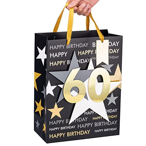 Loveinside Birthday Gift Bag with Tissue Paper and Greeting Card for 60 Birthday - 10" x 5" x 13", 1 Pcs, Black Gold