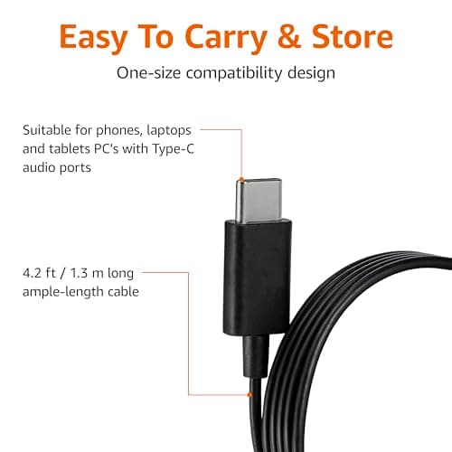 Amazon Basics Wired Earbuds with Microphone, in Ear Headphones, USB-C, 4.2 ft Long Cable, S/M/L Ear Tips, One Size, Black