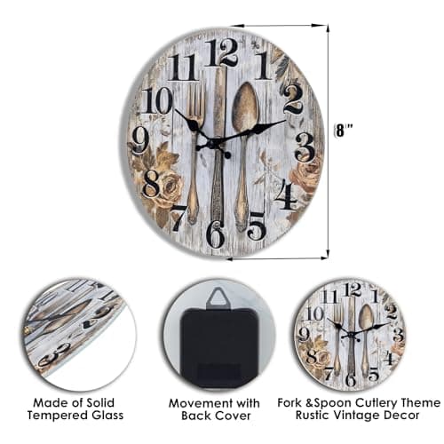 Keepcross Kitchen Wall Clock Fork & Spoon Cutlery Theme Rustic Modern Farmhouse Decor Glass Clock for Kitchen, Dining Room - 8 Inch, Battery Operated