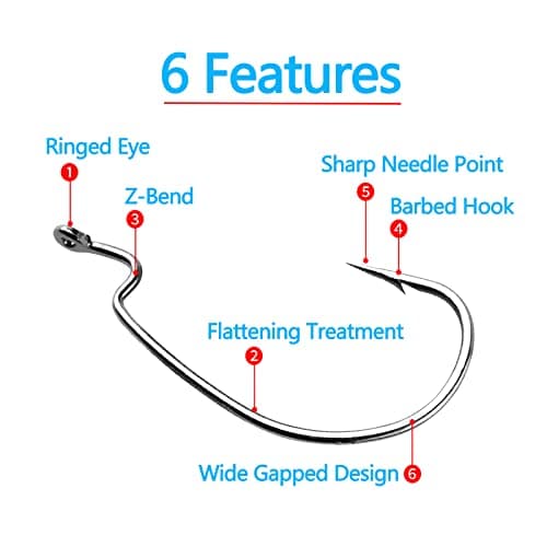 Afmivs Worm Hooks for Bass Fishing Hooks, 110pcs Bass Hooks Fishing, 6 Sizes Fishing Hooks Freshwater, Eagle Claw Hooks #1 1/0 2/0 3/0 4/0 5/0 Black High Carbon Steel with Portable Plastic Box