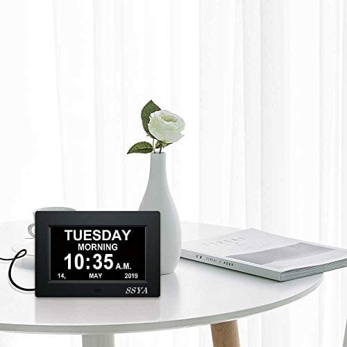 SSYA 7 Inch Calendar Clock - 12 Alarm Options, Level 5 Auto Dimmable Display,Extra Large Impaired Vision Digital Clock with Non-Abbreviated Day & Month (Black)