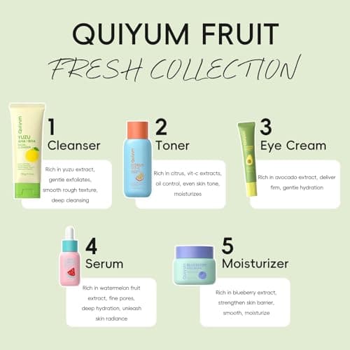Exfoliation, Smooth, Clean, Oil Control, Smooth, Hydrate, Glow Up, Facial Skin Care Gift Set for Girls, for All Skin Types QUIYUM Fruit Skincare Set for Teen Girl, 5 Daily Routine Beauty Skin Care B0DYX1VBLV