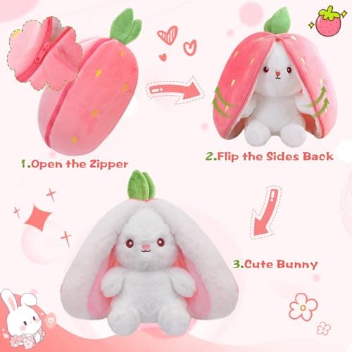 MIAODAM Bunny Stuffed Animal Reversible Cuddle Bunny Stuffed,Strawberry Bunny Transformed Rabbit Plush Zipper,Turns Into Ears Bunnies Plushies Toy Cute Stuffy Doll Easter