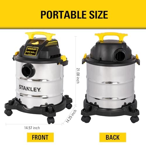 STANLEY SL18116 Wet/Dry Vacuum, 6 Gallon, 4 Horsepower, Stainless Steel Tank, 4.0 HP, Silver+Yellow