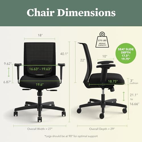 HON Convergence Ergonomic Office Chair with Mesh Back, Adjustable Arms, Lumbar Support, Synchro‑Tilt Desk Chair with Wheels for Home Office or Computer Use, Black Frame, Black
