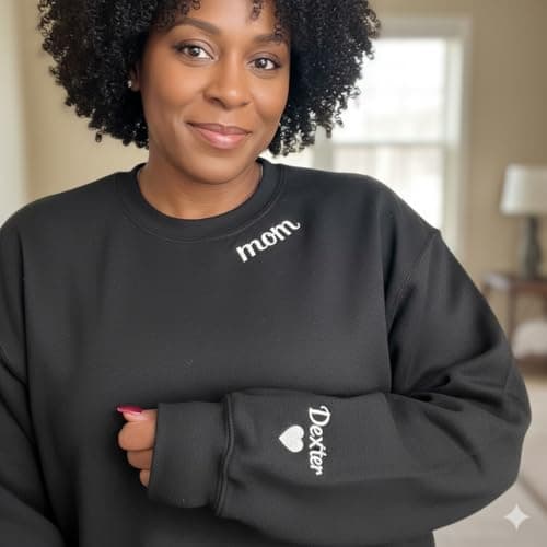 Custom Mama Embroidered Sweatshirt & T-Shirt with Kids’ Names on Sleeve, Personalized Mom Hoodie, Custom, Birthday Mom Outfit, Pregnancy Gift for Women Black