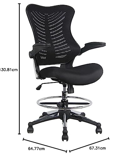 OfficeFactor 300 Lbs Tall Drafting Chair with Adjustable Foot Ring & Flip-Up Arms – Ergonomic Standing Desk Chair, Breathable Mesh Office Chair for Tall Desks, Counter Height & Reception(Black)