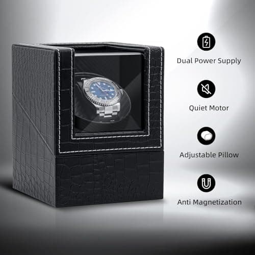 Mcbazel Mcbazel Single Watch Winder, Ultra Quiet Japanese Motor Automatic Watch Winder Box with Multiple Rotation Modes, Premium Watch Winder for Automatic Watches (AC/ Battery Powered) - Black with Crocodile Pattern