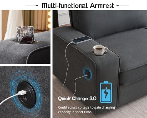 AMERLIFE Chenille Sofa Chair, Modern Comfy Couch with Cup Holders & USB Ports for Living Room, Charcoal Grey Upholstered Couch