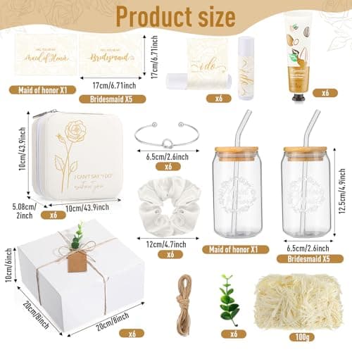 Set of 6, includes jewelry boxes, glass cups, scrunchies, knot bracelets, hand cream, lip balm and proposal cards Teenyyou 60 Pcs Bridesmaid Proposal Gift Box Set for Wedding Party,White B0FBWY1R2J