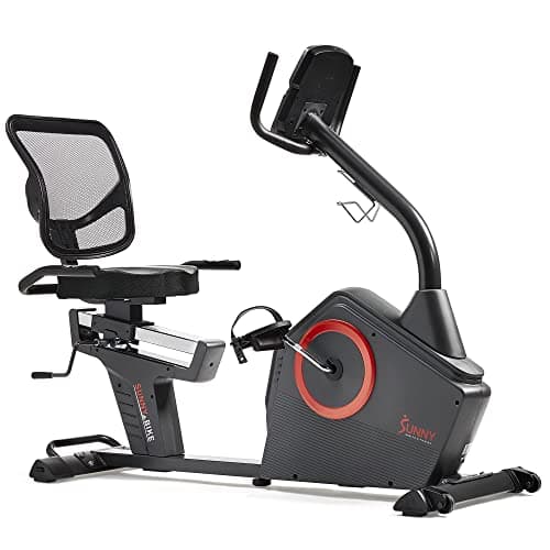 Sunny Health & Fitness Smart Recumbent Bike with Pulse Sensors, Home Cycling Workout Machine w/Cushion Seat & Mesh-Backrest, Free SunnyFit App Connection, Optional Programmable & Electro-Magnetic