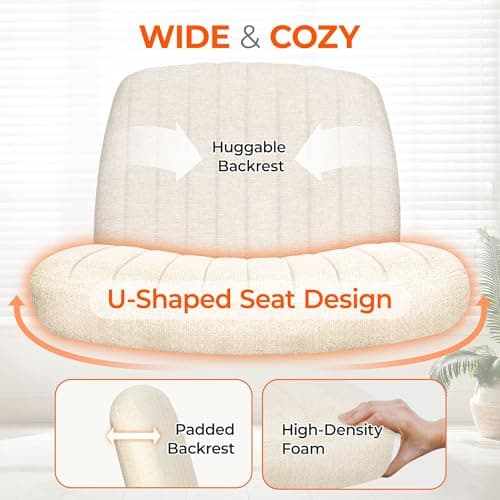 Orange Factory Criss Cross Chair Wheels Wide Cross Legged Office Desk Vanity Chair Comfy Fabric Armless Adjustable Swivel for Home Computer Task (Beige Wheel, Fabric)