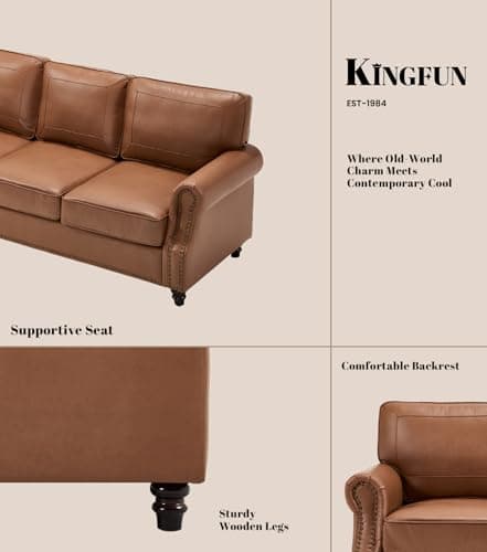 Kingfun Mid-Century Modern Couch, Faux Leather Sofa, 3 Seater Couch for Living Room with Rolled arms & Nailhead Trim, Brown