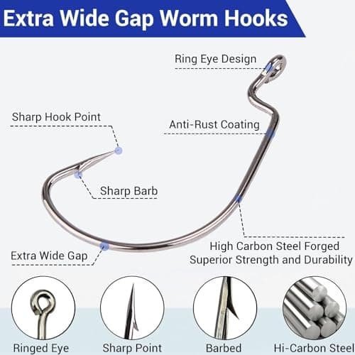 FINOSEAK 120Pcs Bass Hooks Set, Strong Offset Bass Fishing Hooks Freshwater Barbed Sharp Worm Hooks for Texas Rigging Fishing Extra Wide Gap 6 Sizes Assorted #1 1/0 2/0 3/0 4/0 5/0