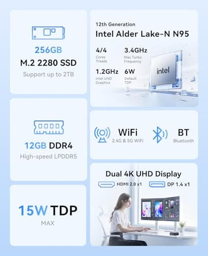KAMRUI Essenx E1 Mini PC, N95 Processor (up to 3.4GHz), 12GB LPDDR5 RAM 256GB M.2 SSD, Mini Desktop Computer Support Dual 4K, WiFi, Ethernet for Business, Office, Home