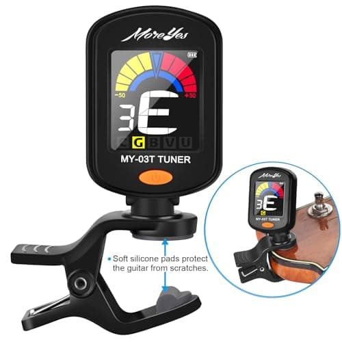 MOREYES Rechargeable Guitar Tuner Clip On with 28Pcs Guitar Picks, Guitar Tuner for Acoustic Guitar, Electric Guitar, Bass, Ukulele & Chromatic Tuning Modes, Full Color Display