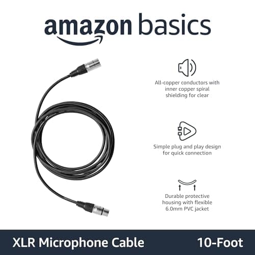Amazon Basics XLR Microphone Cable for Speaker or PA System, Recording Studio, All Copper Conductors, Low Noise, 10 ft, Black
