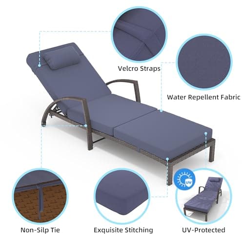 GarveeLife 2-Piece Rattan Patio Folding Chaise Lounge, 5-Position Adjustable Backrest Outdoor Lounge Chair with Cushion and Pillow for Poolside, Backyard, Deck, Porch, Blue
